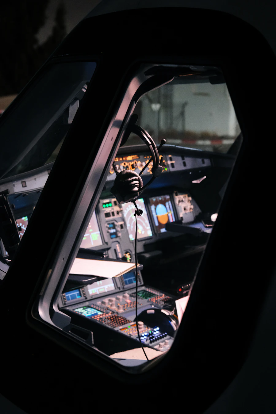 Cockpit d'A320neo de nuit, instruments allumés — illustration générique