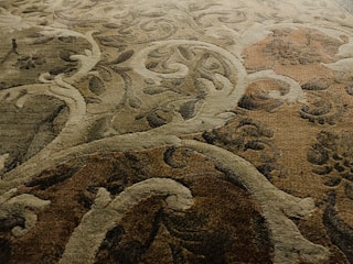 An intricately patterned carpet featuring swirling, abstract designs with an ornate floral-style motif. The fibers show a blend of colors including earthy tones, creating a textured and rich appearance.