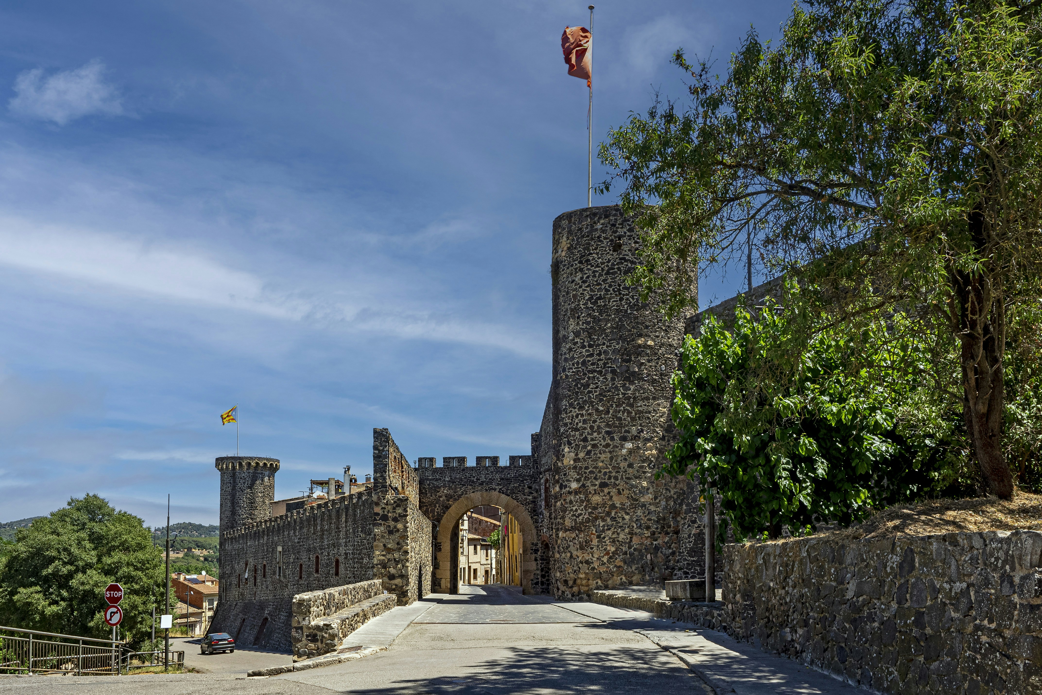 a stone wall with a flag on it and a stone wall with trees