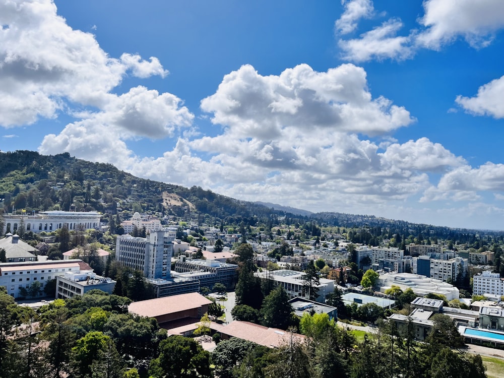 a city with trees and mountains in the background