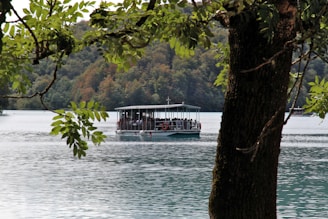 A scenic view of a tourist boat cruising on a calm lake.