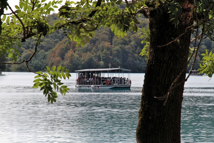 A scenic view of a tourist boat cruising on a calm lake.