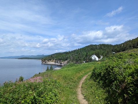 A coastal landscape surrounded by lush green grass and trees, leading down a path to a small white house nestled on a hill. The ocean is calm and stretches to the horizon under a blue sky with scattered clouds.