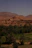 A scenic view of a desert landscape with an oasis. In the foreground, lush palm trees and cultivated green fields provide a stark contrast to the arid environment. In the background, a small village composed of traditional clay buildings sits at the base of a dramatic rocky hill with expansive mountains under a clear blue sky.