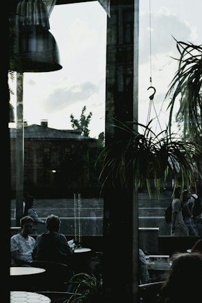 The image captures an indoor scene looking through a large window, with two people sitting at a round table inside a caf&eacute;. There are potted plants hanging from the ceiling and natural light illuminating the interior. Outside, a street view with people walking is visible, with a background of old buildings and a partly cloudy sky.