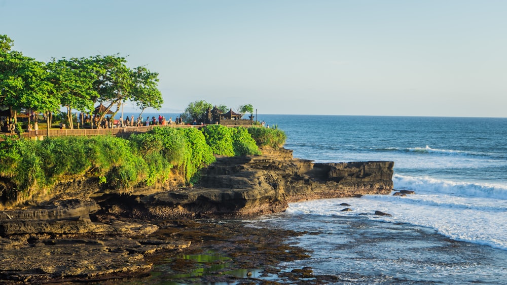 a rocky beach with trees and a body of water