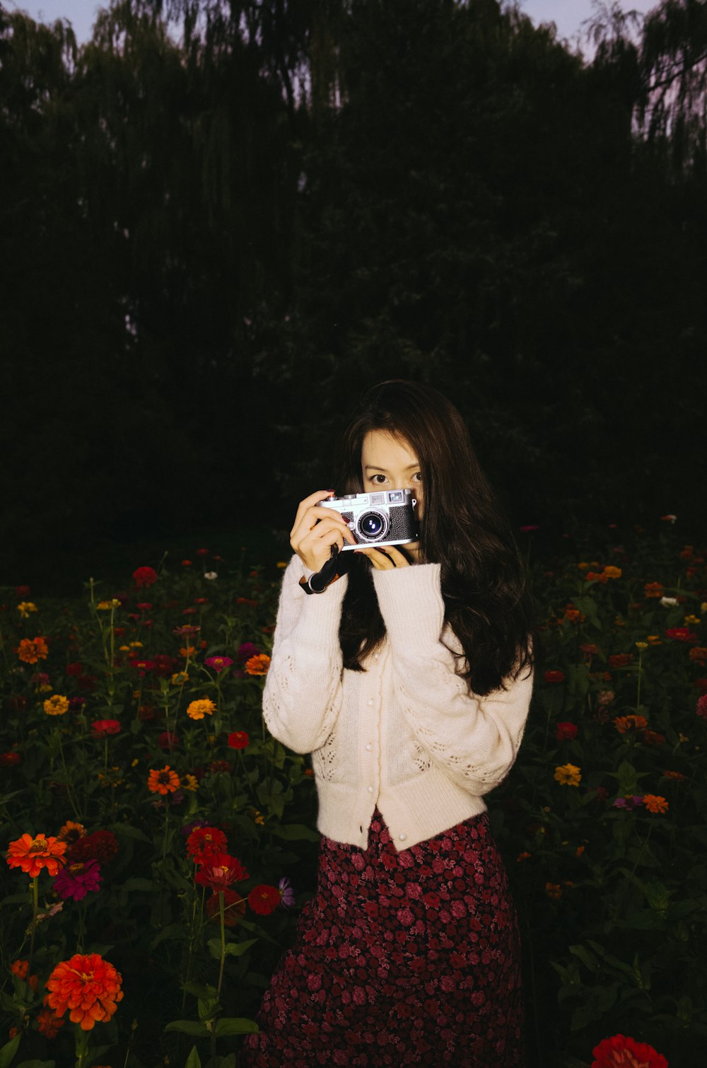 a person taking a picture of a flower garden