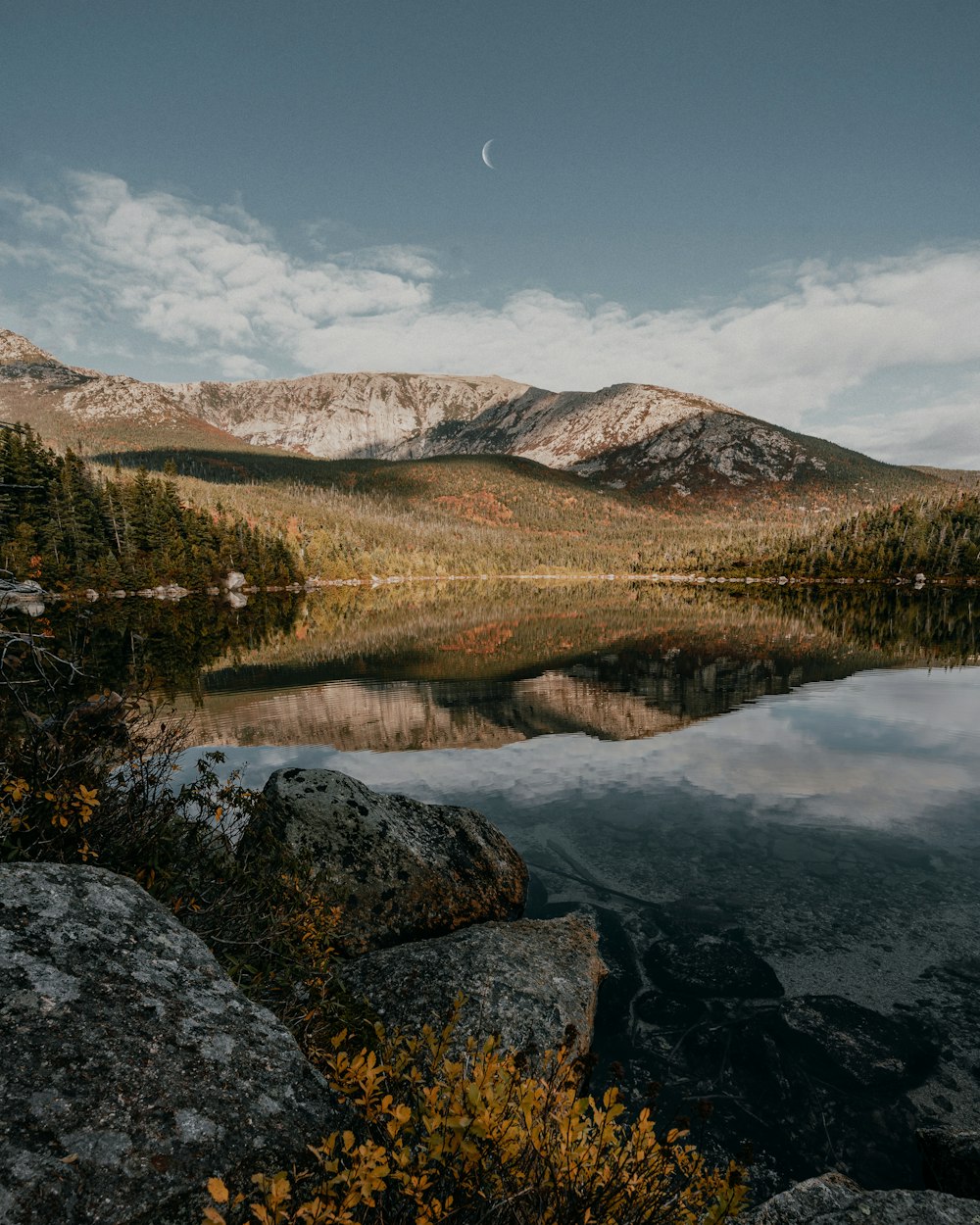 a lake with mountains in the background