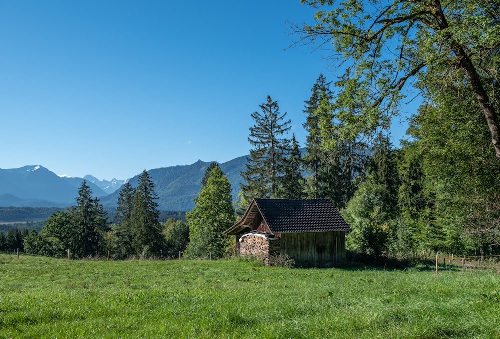 a small building in a grassy field