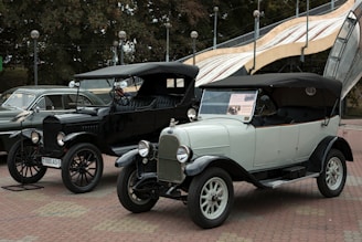 a row of cars parked on a brick road