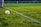 A soccer ball rests on a well-manicured grass field, bordered by fresh white lines marking the corner area. In the background, there are blurred figures and fencing, suggesting a sporting environment. One person's legs in jeans and sneakers are visible near the ball.