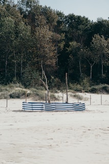 A sandy beach with a striped blue and white windbreak arranged in a semicircle surrounded by some sand dunes and tall trees in the background. The scene is calm and serene, with natural elements emphasizing solitude and peacefulness.