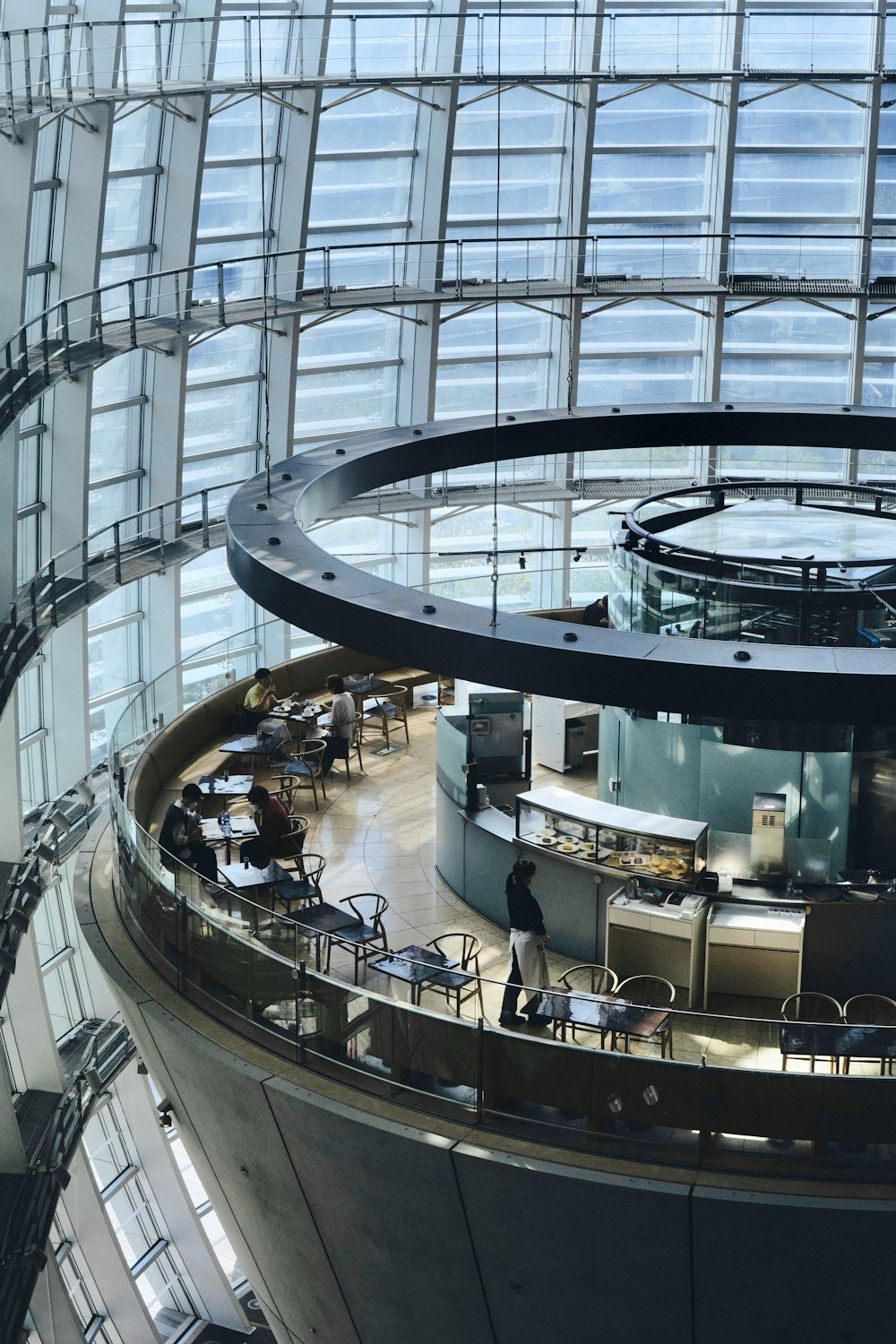 a high angle view of people inside a building