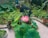 A person is tending to a lush garden filled with a variety of green plants and foliage. In the foreground, there is a prominent pink lotus flower with large green leaves, potted on a patio. Various small plants are in pots and a bowl filled with freshly picked greens is placed on the ground.