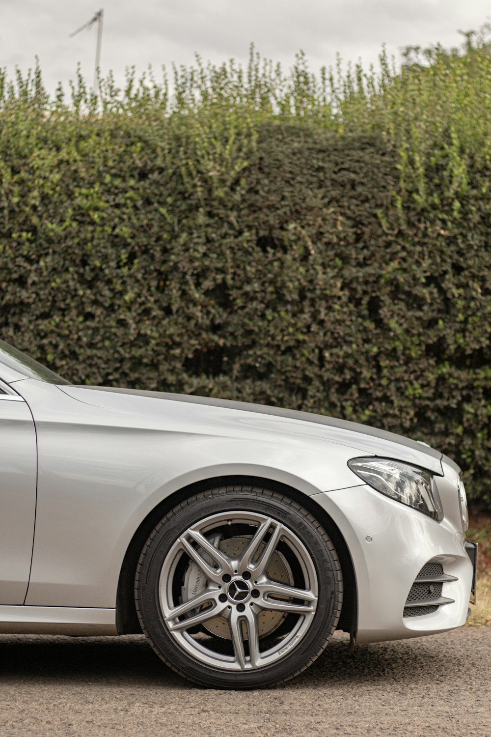 a silver car parked in front of a bush