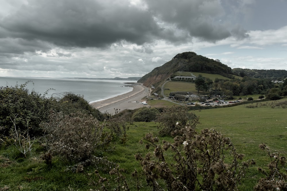 a beach and a town