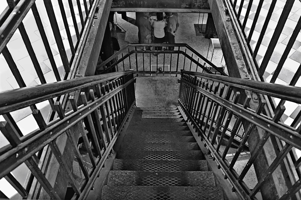 a black and white photo of a staircase