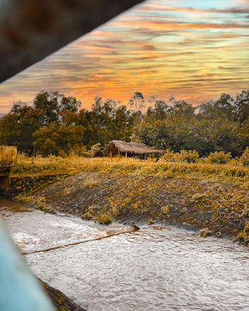A serene rural landscape with a rustic hut surrounded by lush trees under a vibrant sunset sky. A small waterway flows in the foreground, bordered by grassy banks.