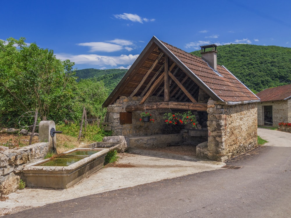 a house with a grass roof