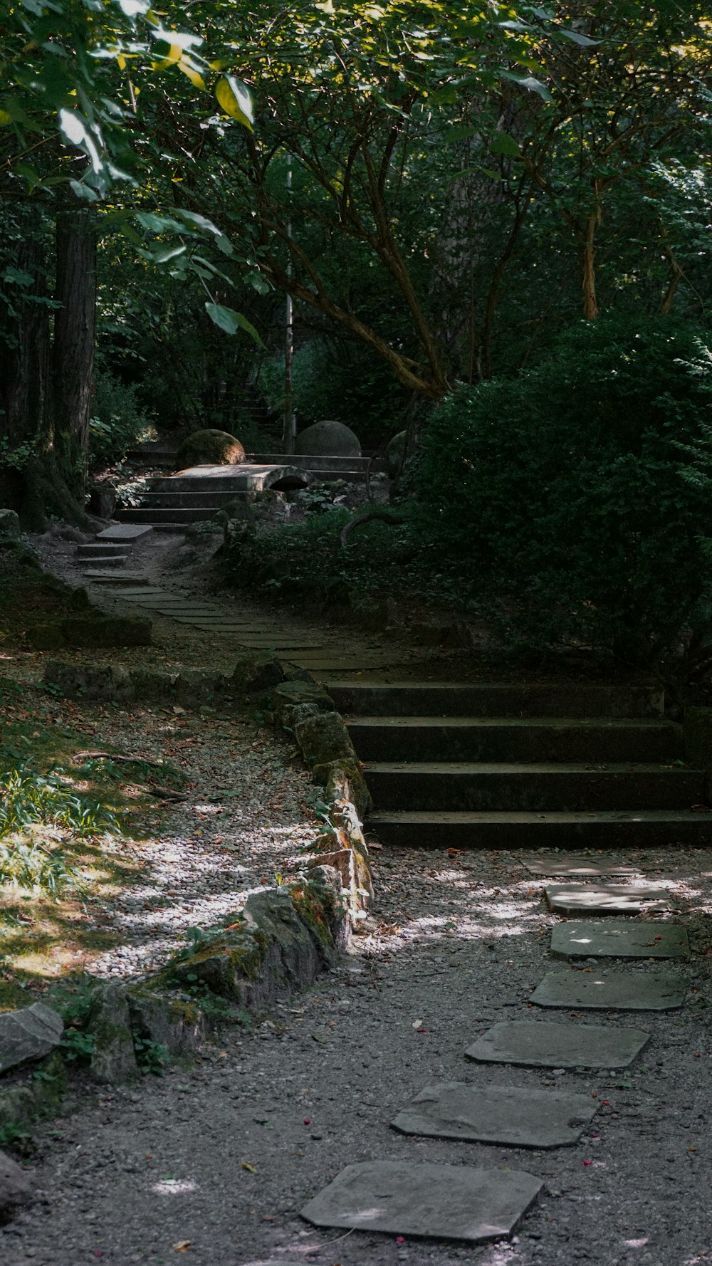 a stone staircase in a forest