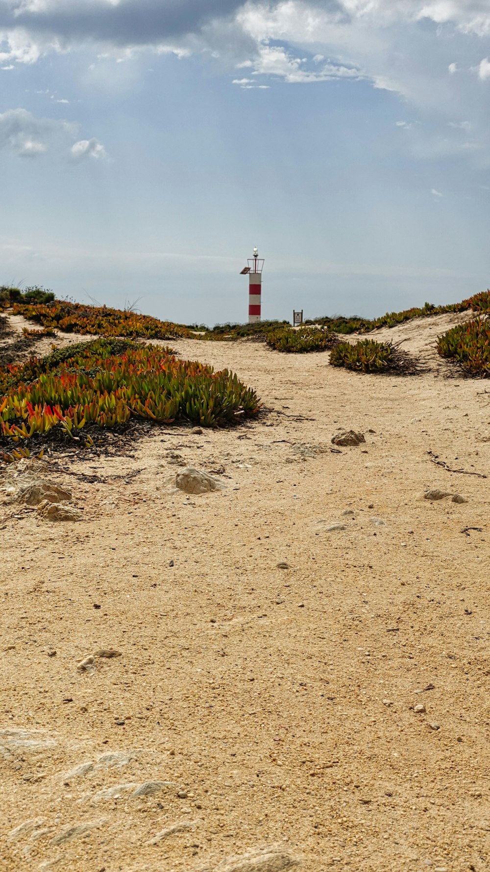 a sandy area with a tower in the distance