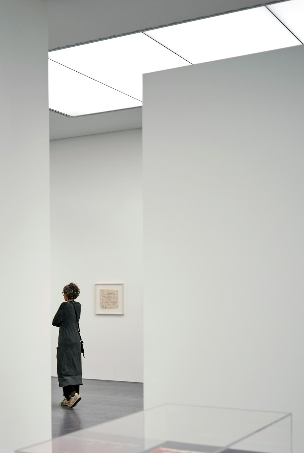 a person looking at a painting on a wall