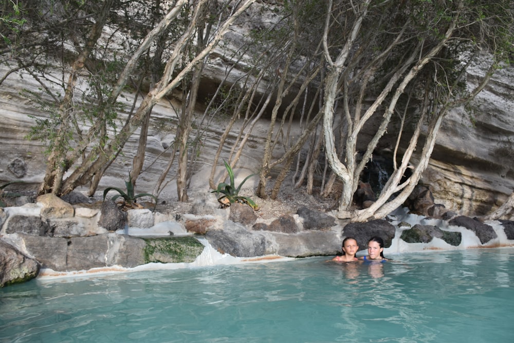 a group of people swimming in a pool with trees and rocks