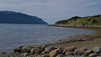 a rocky beach with a hill in the background