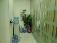 A narrow corridor with several large water dispensers placed on the light-colored wooden floor. A painting of a tree hangs on the wall above the dispensers. A tall green plant stands beside a red fire extinguisher, and there's a frosted glass partition on the right side.