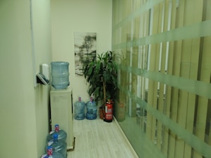 A narrow corridor with several large water dispensers placed on the light-colored wooden floor. A painting of a tree hangs on the wall above the dispensers. A tall green plant stands beside a red fire extinguisher, and there's a frosted glass partition on the right side.