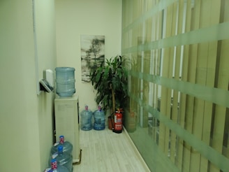 A narrow corridor with several large water dispensers placed on the light-colored wooden floor. A painting of a tree hangs on the wall above the dispensers. A tall green plant stands beside a red fire extinguisher, and there's a frosted glass partition on the right side.