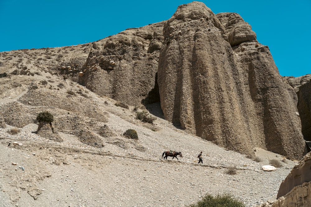 a group of people walking on a dirt road between large rocks