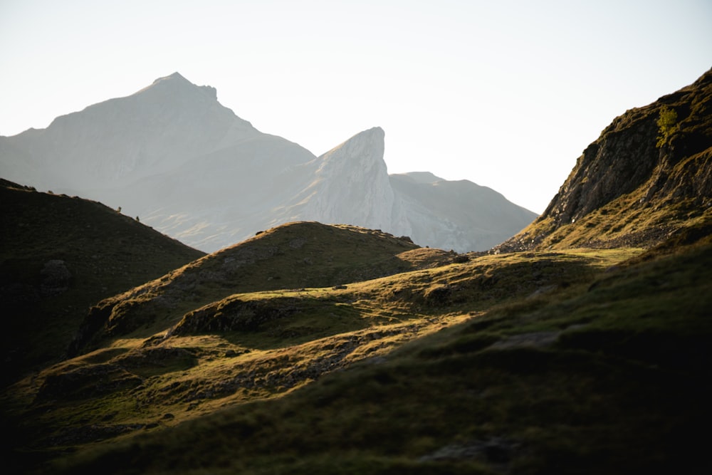 a valley with mountains in the background