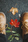 Close-up of colorful trekking boots on a trail covered with autumn leaves.