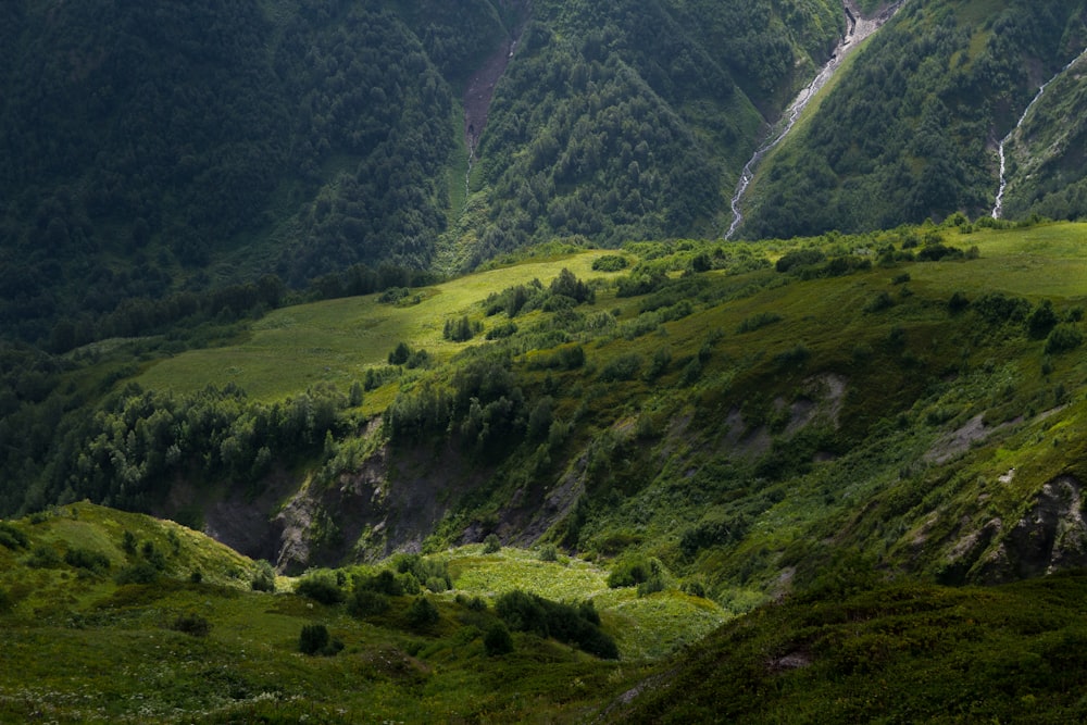 a green valley with a waterfall