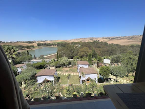 A scenic view from the hotel balcony overlooking a peaceful garden