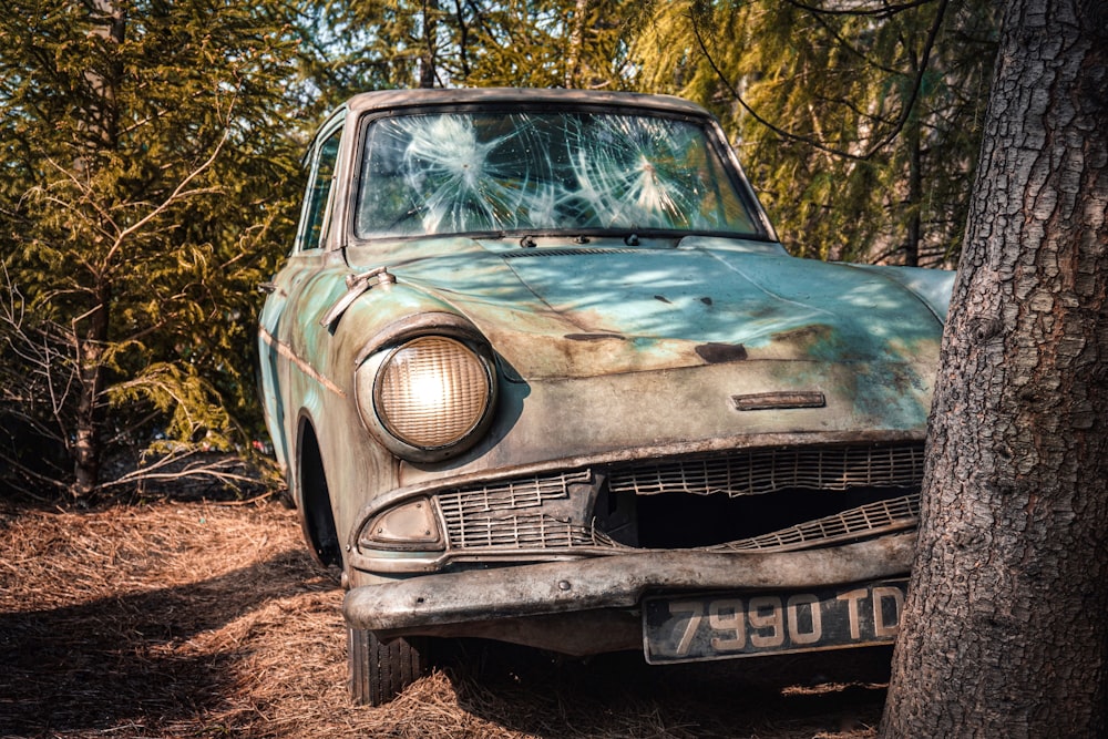 a car parked in a wooded area