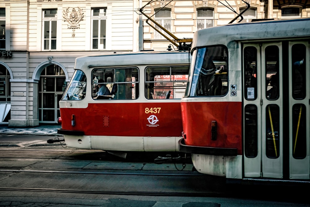 a red and white trolley