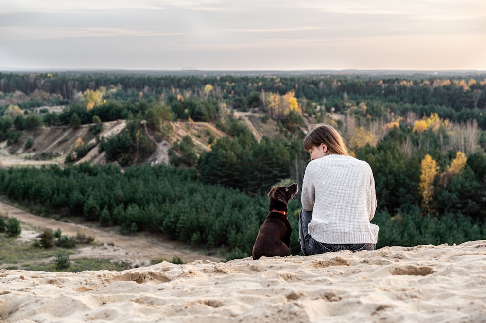 a person and a dog sitting on a hill overlooking a city