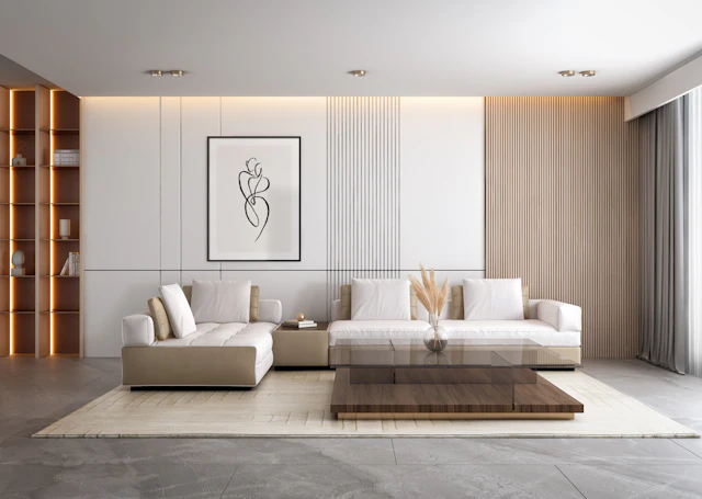 Living room with a low couch and a sculptural coffee table