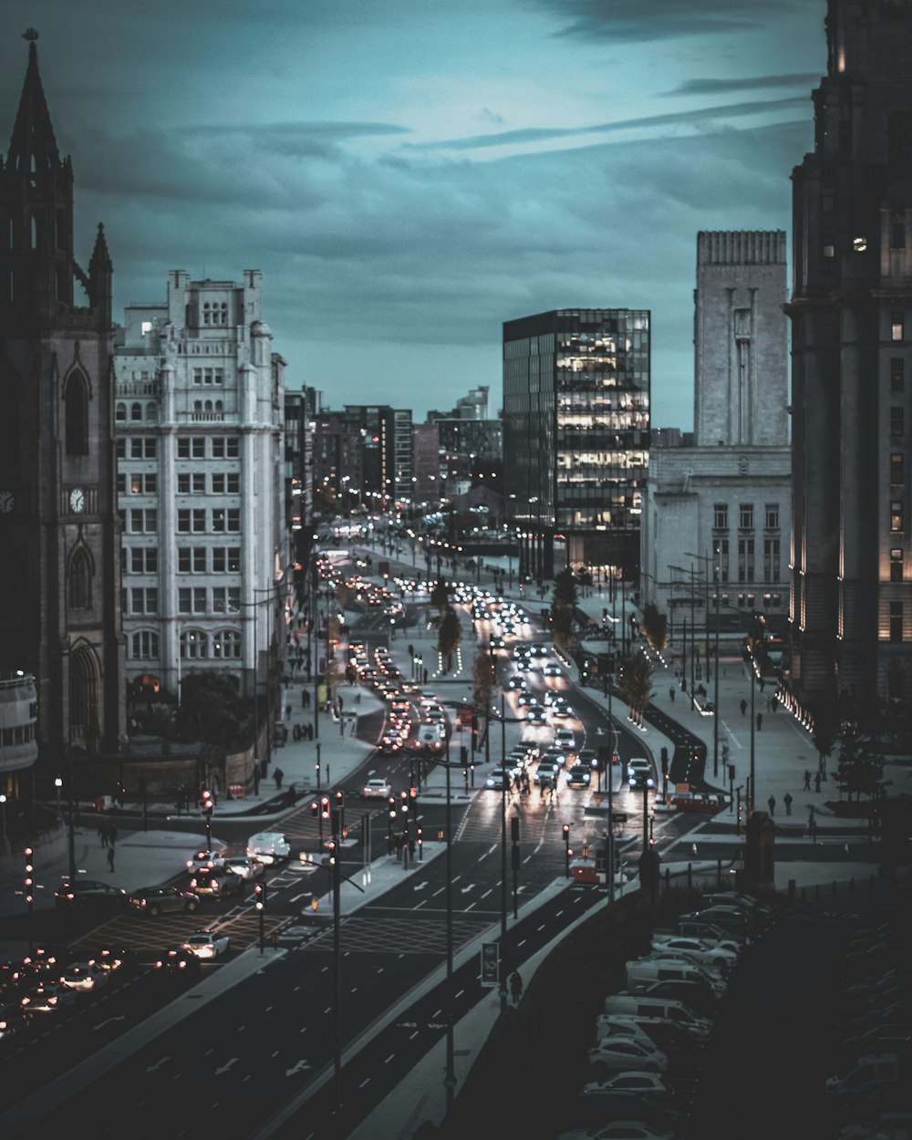 a city street with tall buildings