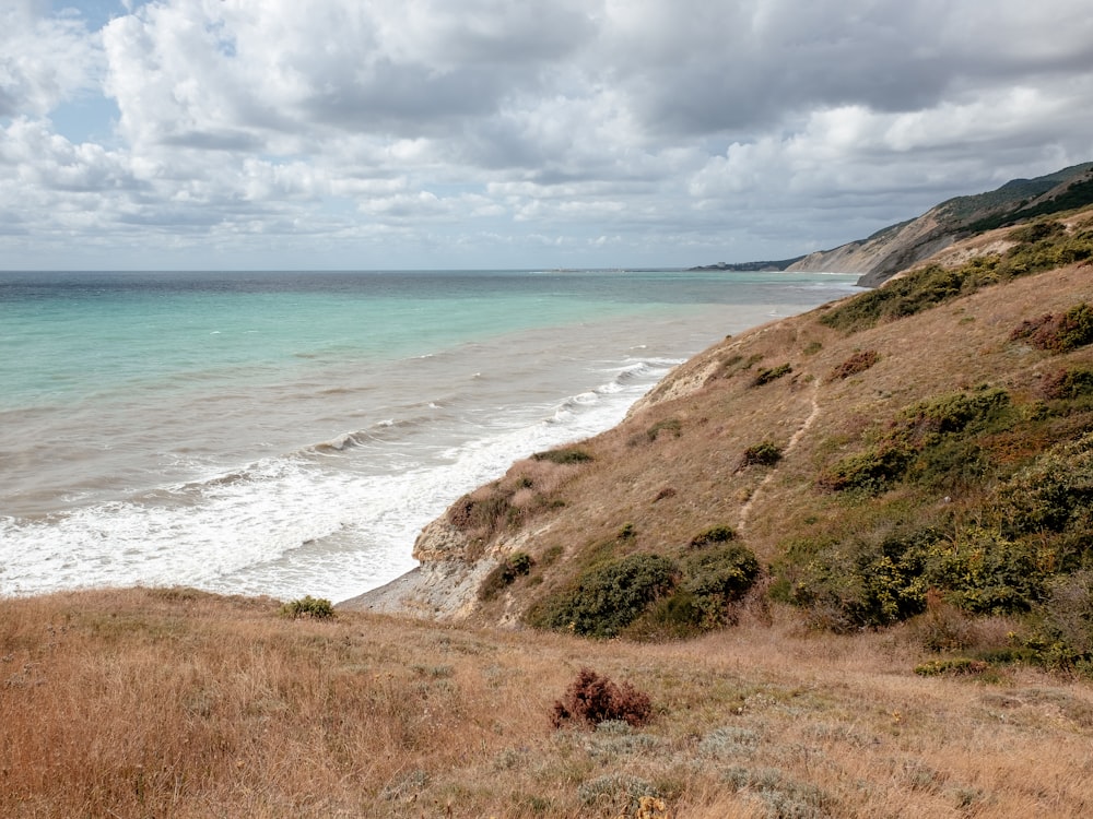 a beach with a body of water