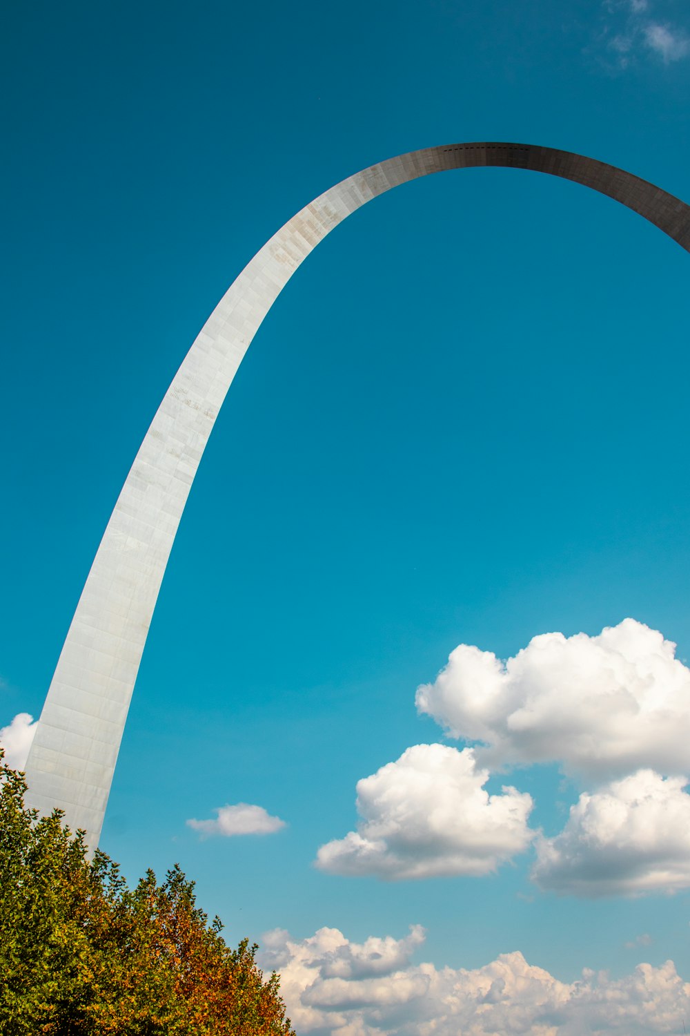 a large arch with trees in the background with Gateway Arch in the background