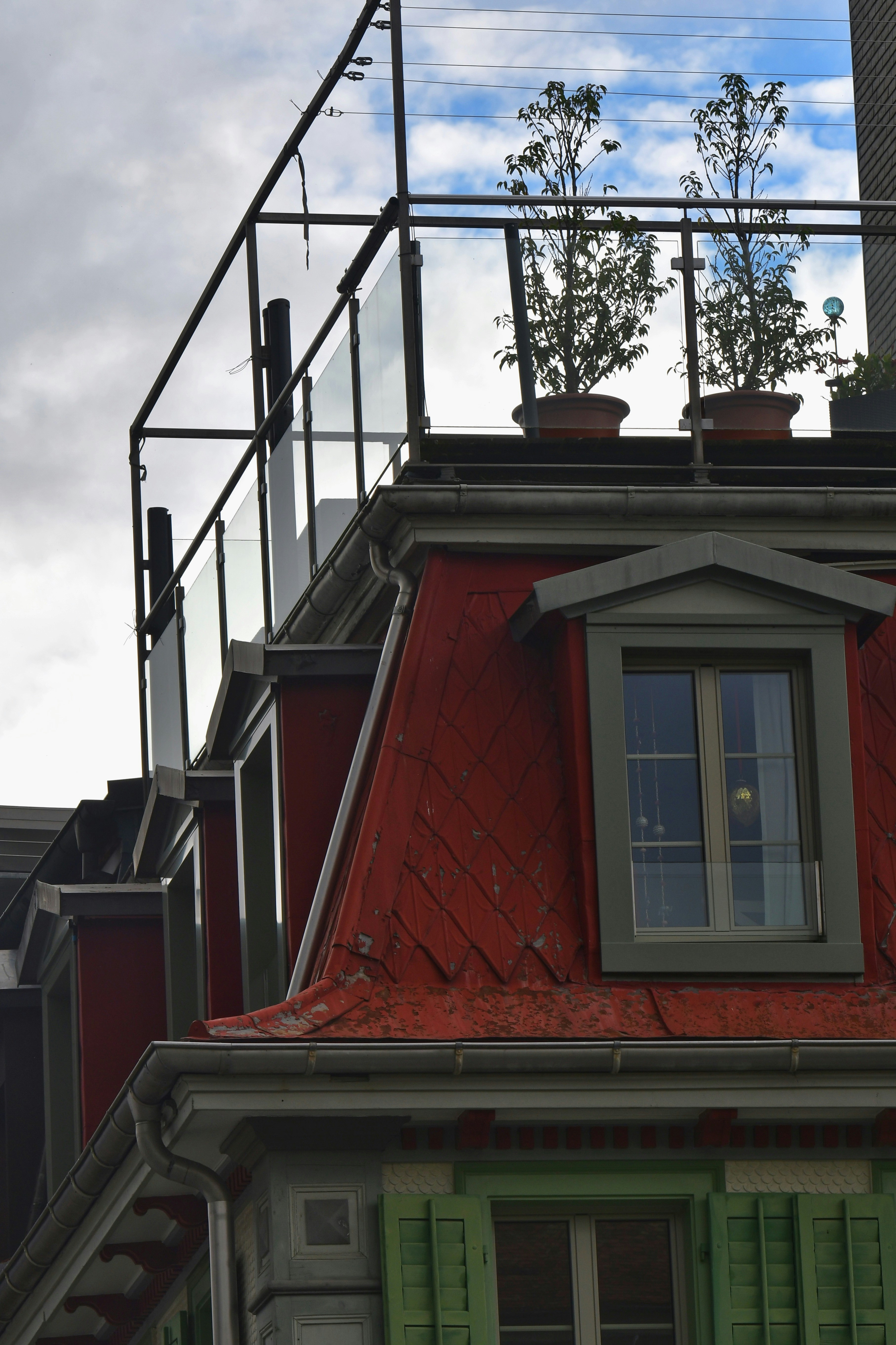 a red house with a power line