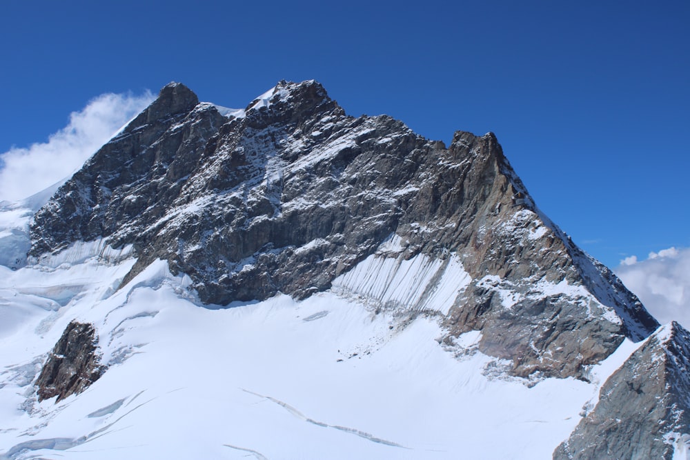 a snowy mountain with a blue sky