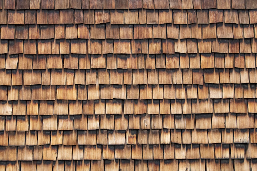 A wall of new cedar shingles