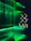 A futuristic interior with green LED lighting casting a vibrant glow. A geometric logo with the word 'LAB' is visible on a reflective wall, alongside vertical light strips creating an immersive atmosphere.