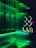 A futuristic interior with green LED lighting casting a vibrant glow. A geometric logo with the word 'LAB' is visible on a reflective wall, alongside vertical light strips creating an immersive atmosphere.