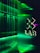 A futuristic interior with green LED lighting casting a vibrant glow. A geometric logo with the word 'LAB' is visible on a reflective wall, alongside vertical light strips creating an immersive atmosphere.