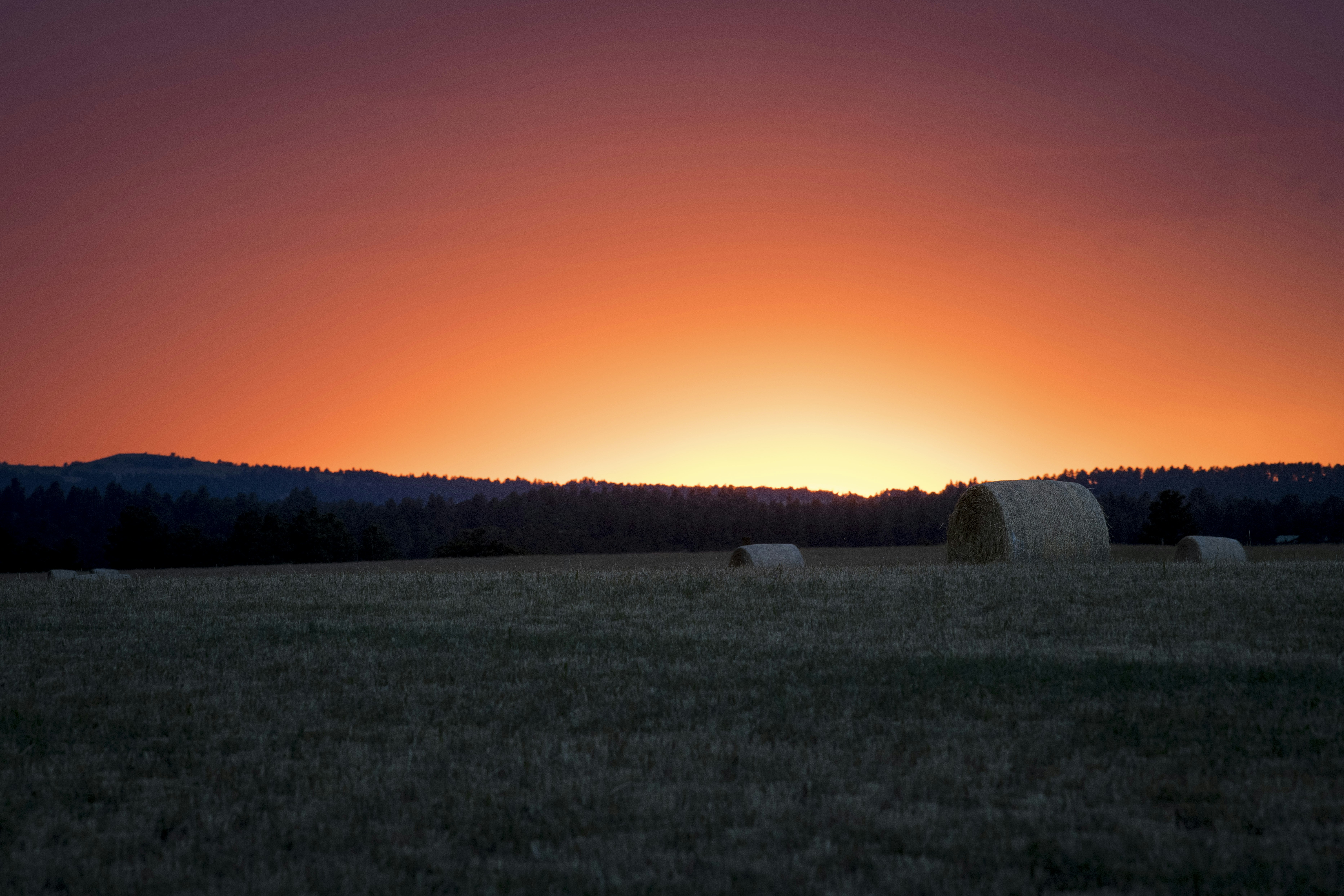 Field with hay bales and sunset